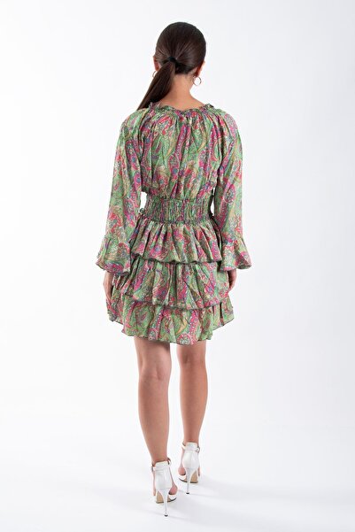 REİNA TEKS Ithal Elbise Kısa V Yaka Elbise Retro Karışık 1 AdetYeşil-Pembe Antika Davet Elbisesi