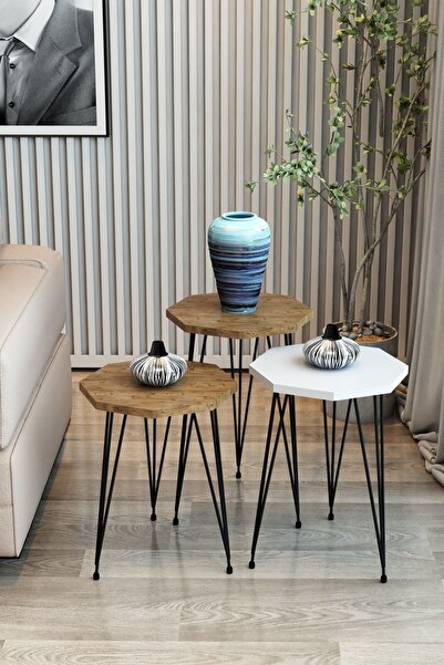 Modalanka 3'lü Zigon Sehpa Sekizgen Model Zigon Sehpa Metal Tel Ayak