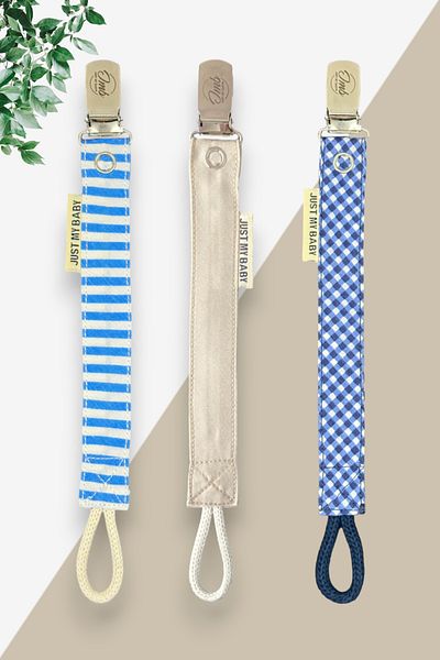 JMB Just My Baby 3-Piece Pacifier Strap - Blue Plain Striped/Beige/Navy Blue Checked - Washable - Cotton