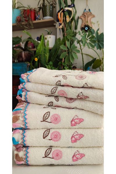 Z&N STYLE Curly Dowry with Flower Butterfly Embroidery and Tassels (50X90 3 PCS30X50 3AD.)Set of 6 Hand and Kitchen Towels