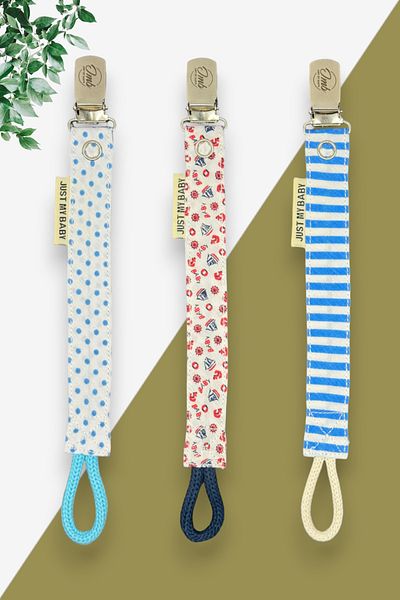 JMB Just My Baby 3-Piece Blue Polka Dot/Sailor/Blue Plain Striped Pacifier Strap - Washable - Cotton