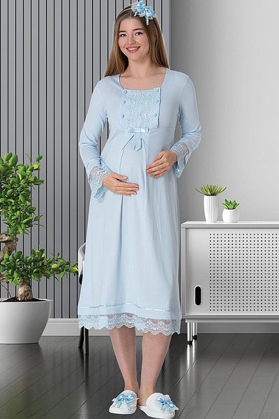 Mecit Pijama Cămașă de noapte cu mâneci lungi și guler cu nasturi pentru maternitate (gravide)