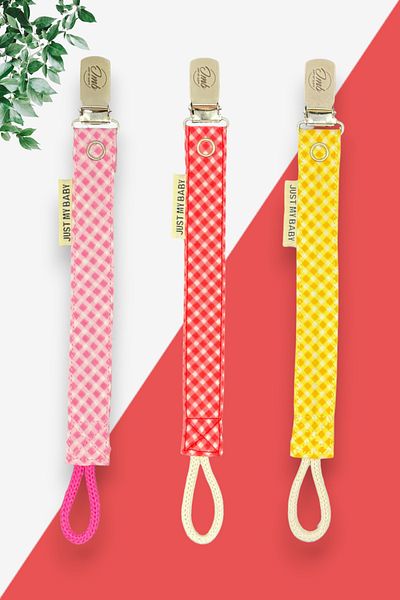 JMB Just My Baby Set of 3 Pink/Red/Yellow Pacifier Straps - Checked and Washable - Cotton