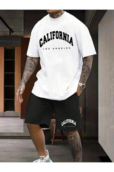 FAVORİST Black California Printed Oversize Men's T-shirt and Shorts Set