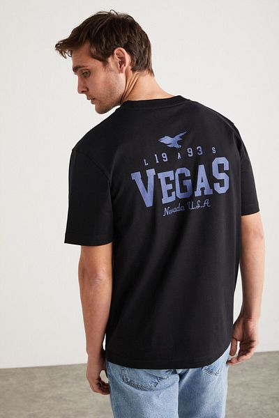 GRIMELANGE Sheldon Men's 100% Organic Cotton Regular Front Embroidery Embroidered Back Print Detailed Black T-Shirt
