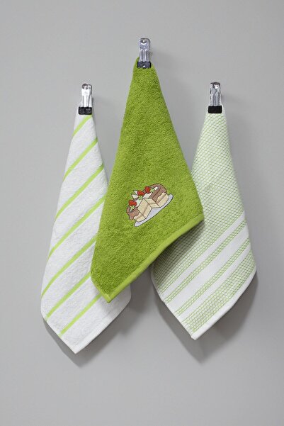 Class 30x50 %100 Pamuklu 3lü Mutfak Havlusu Yeşil Çizgili / Yeşil / Yeşil Pet...