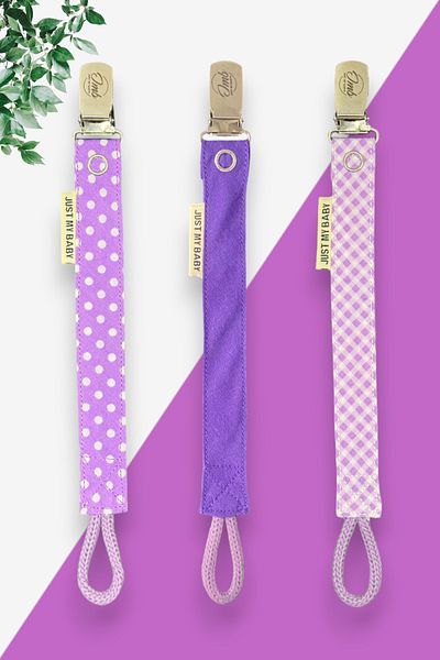JMB Just My Baby Purple Polka Dot Pacifier Holder - Set of 3, Cotton Washable