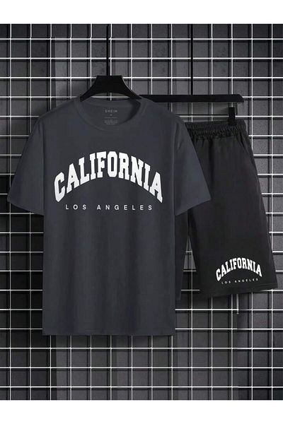 FAVORİST Black California Printed Oversize Men's T-shirt and Shorts Set