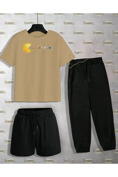 aynewmoda Pacman and Planets Patterned T-shirt and Sweatpants Set