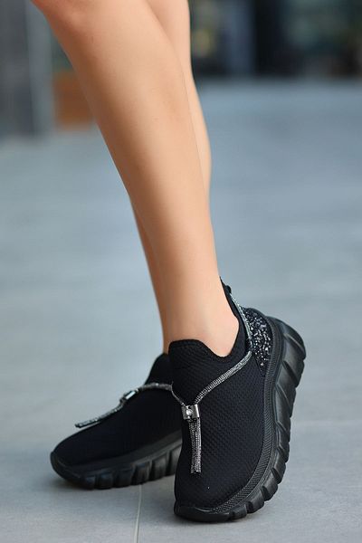 LEYDİ SHOES Stone Detailed Tie Knitwear Black Women's Sports Shoes