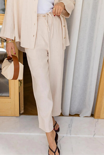 My Blog Bézs vászon nadrág - elasztikus derékrész és egygombos