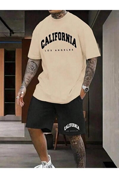 FAVORİST طقم تي شيرت وشورت رجالي أسود بطبعة كاليفورنيا مقاس كبير