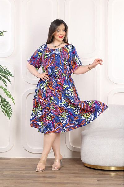 vividbutik Patterned Dress with Elastic Collar and Belted