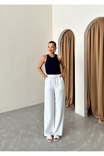 Laluvia Weiße Baumwoll-Leinen-Hose mit elastischem Bund – 3490
