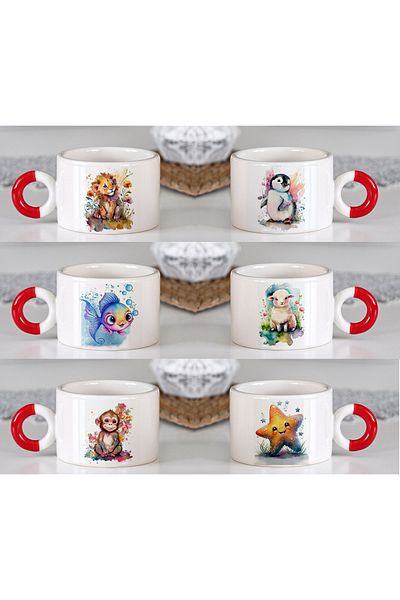 GünayStore Set of 6 - Luxury Double Turkish Coffee Cup and Espresso Evil Eye Bead, Linear Women's Minimal Design