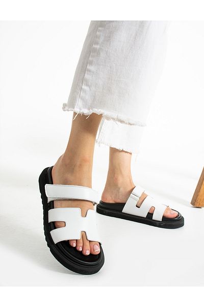 trendyhit Beca White Genuine Leather Women's Slippers - Flat Sole