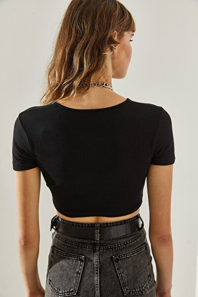 Bianco Lucci Dámské tričko Basic Crop – podrobný límec, krátký rukáv 412160251352