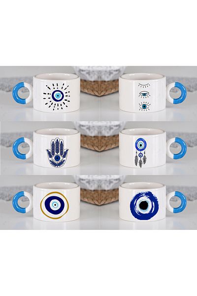 GünayStore Set of 6 - Luxury Double Turkish Coffee Cup and Espresso Evil Eye Bead, Linear Women's Minimal Design