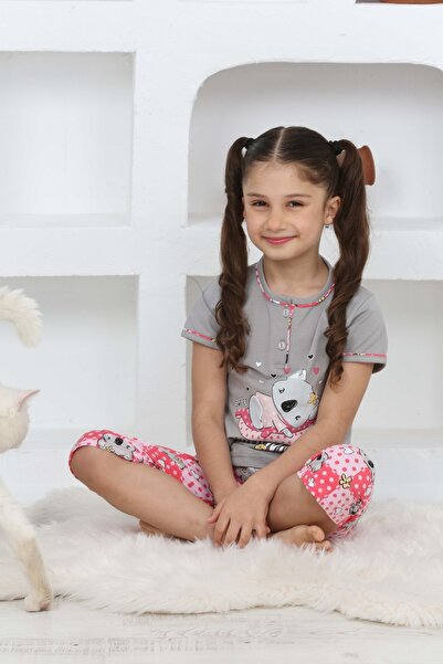 KAPİKİDS Gray Colored Girl's Pajama Set - Short Sleeve, Capri Button Collar, Placket Kuala Printed