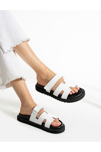 trendyhit Beca White Genuine Leather Women's Slippers - Flat Sole