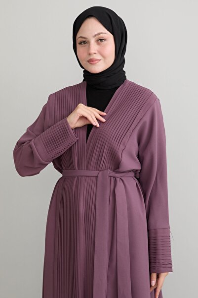 InStyle Boydan Pileli Detay Uzun Gül Kurusu Abaya