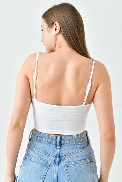 lovebox Γυναικεία ελαστική αμμώδης ύφασμα, ρυθμιζόμενο κορδόνι σχεδίασης αλυσίδα λουράκι Λευκή Crop Μπλούζα 10612