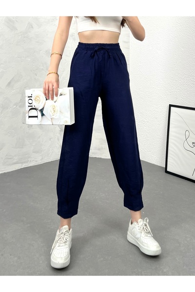 modavingo Navy Blue Women's Linen Trousers - Leg Collar