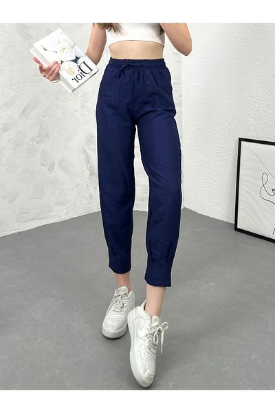 modavingo Navy Blue Women's Linen Trousers - Leg Collar