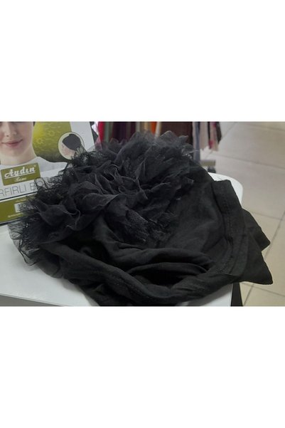 Aydın Bone Seamless Ruffled Combed Cotton Bonnet with Bun, Black