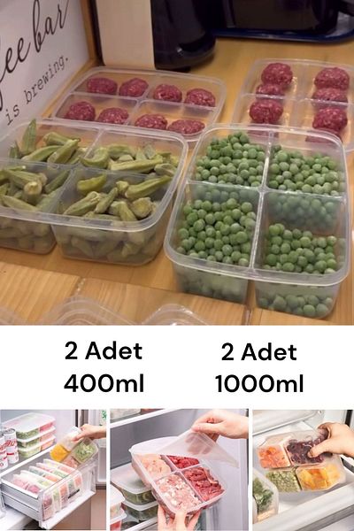 Bayev Set of 4 Storage Containers with 2 Size Portion Compartments - Meat, Mincer, Vegetables, Refrigerator and Freezer Organizer