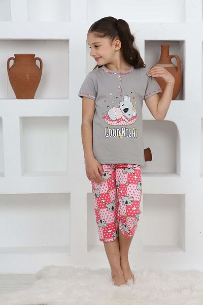 KAPİKİDS Gray Colored Girl's Pajama Set - Short Sleeve, Capri Button Collar, Placket Kuala Printed