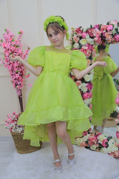 MİSS RAİN Rochie de seara pentru fete - fata scurta, spate lung, maneca pepene verde si detaliu fundita, accesoriu cadou