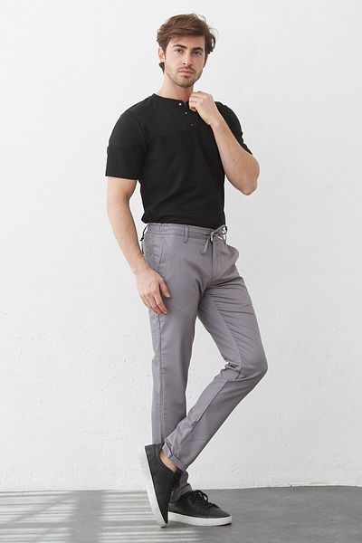 RAVANELLI Ανδρικό γκρι ελαστικό παντελόνι Lycra Slim Fit Jogger - Ελαστική μέση και κορδόνια