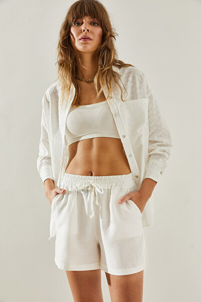 Bianco Lucci Mušelínové plátěné dámské šortky a bermudy se zavazováním do pasu - Detailní do kapsy60251347