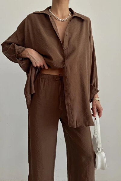 My Blog Σετ πουκάμισο και παντελόνι σε καφέ χρώμα από γυαλιστερό ύφασμα Modal