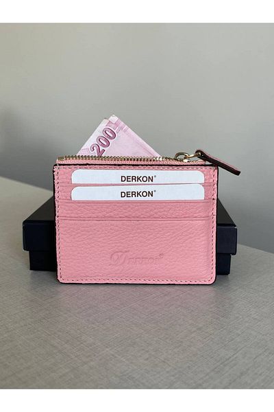 DERKON Genuine Leather Coin Purse - Zippered, Card Holder City Model, Powder Pink