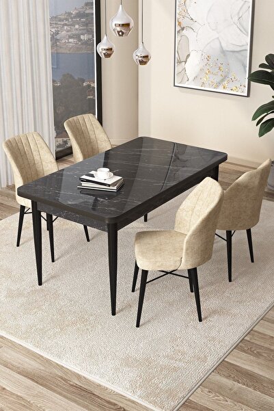 Canisa Arp Serisi 70x110 Sabit Mutfak Masası Takımı Siyah Mermer Desen Masa 4...