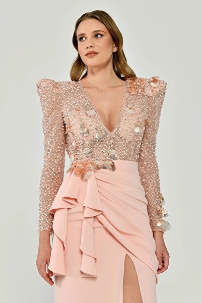 ALFABETA Uzun Kollu Derin V Yaka Önden Yırtmaçlı Uzun Elbise