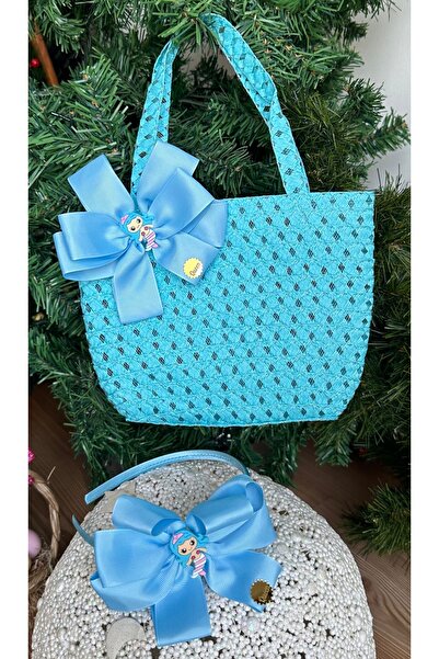 QUEEN AKSESUAR Розкішна плетена сумка - спеціальний дизайн, мила, з бантиком, з фігуркою русалки в коронці, синій дитячий комплект