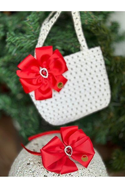 QUEEN AKSESUAR Luxury Straw Bag - Special Design, Children's Set with Bow Detail and Crown Crystal Stone, Red and White