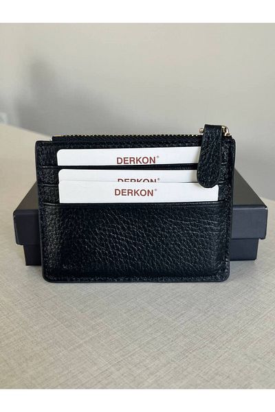 DERKON Black Genuine Leather - Women's and Men's Wallet with Coin, Container and Zipper