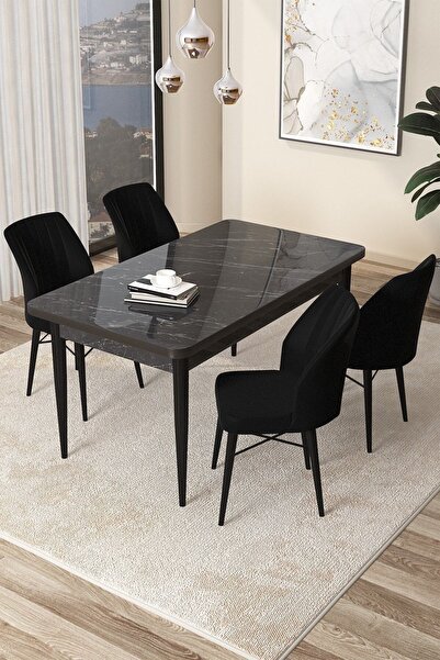 Canisa Arp Serisi 70x110 Sabit Mutfak Masası Takımı Siyah Mermer Desen Masa 4...