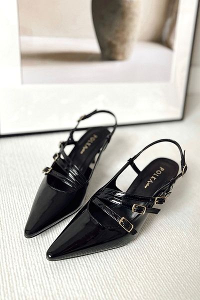 POLKA STORE Blossom Pointed Toe Three-Stripe Buckle Black Patent Leather Heeled Women's Shoes