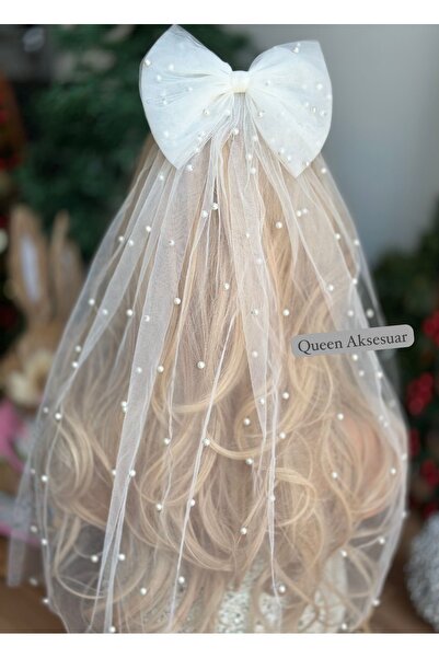 Queen Nelly حجاب زفاف فاخر - فيونكة لؤلؤية، حجاب طويل من التول، إكسسوار زفاف ...