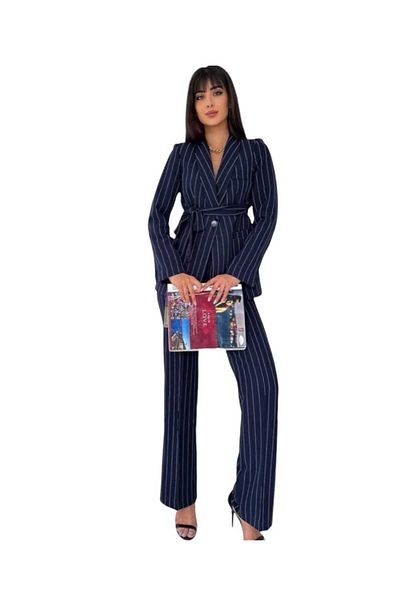 NILOO Costum de damă cu dungi, jachetă blazer cu guler șal cu centură
