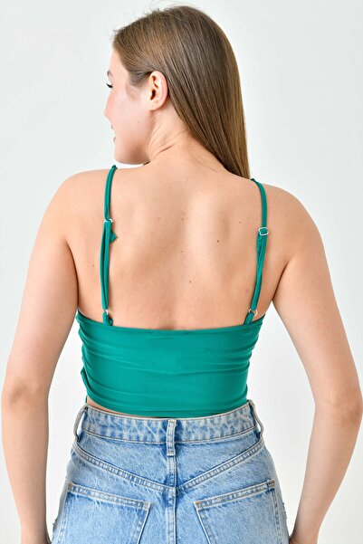 lovebox Women's Stretchy Sandy Fabric Adjustable Drawstring Design Green Crop Blouse with Chain Strap 10612