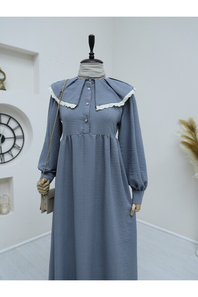 HİJABAYA Linen Dress - Apron Collar, Drawstring, Half Button