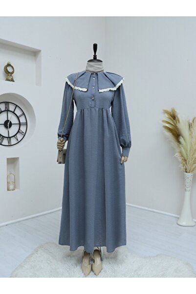 HİJABAYA Linen Dress - Apron Collar, Drawstring, Half Button