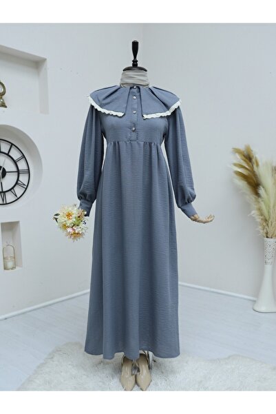 HİJABAYA Linen Dress - Apron Collar, Drawstring, Half Button