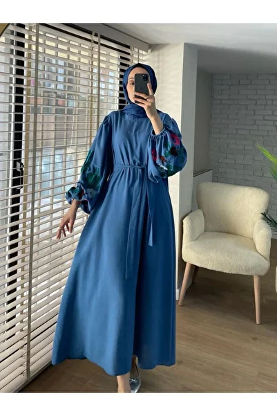 HİJABAYA Streamline Embroidered Dress with Balloon Sleeves and Belt